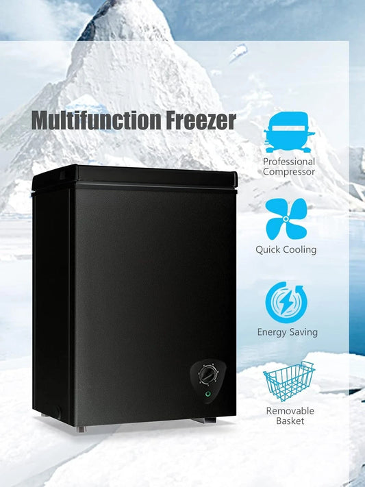 Small Freezer Black Deep Freezers 3.5 Cu.Ft Compact Free-Standing Top Door Adjustable 7 Thermostat and Removable Basket
