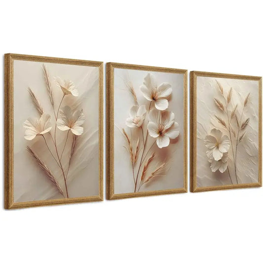 3 Pcs Framed Neutral Beige Floral Canvas Wall art, Modern Simple Texture Plant Painting Wall Decor, Vintage Flower Poster Prints