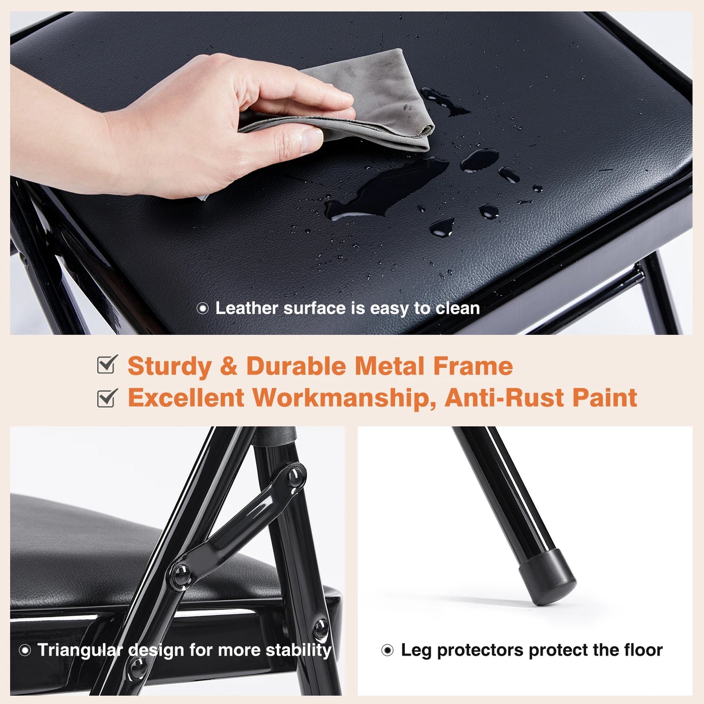 JHK Leather Padded Folding Chair 4 Pack, Sturdy Metal Living Room Dinner Chairs, Easy to Use Storage Outdoor, Home, Office