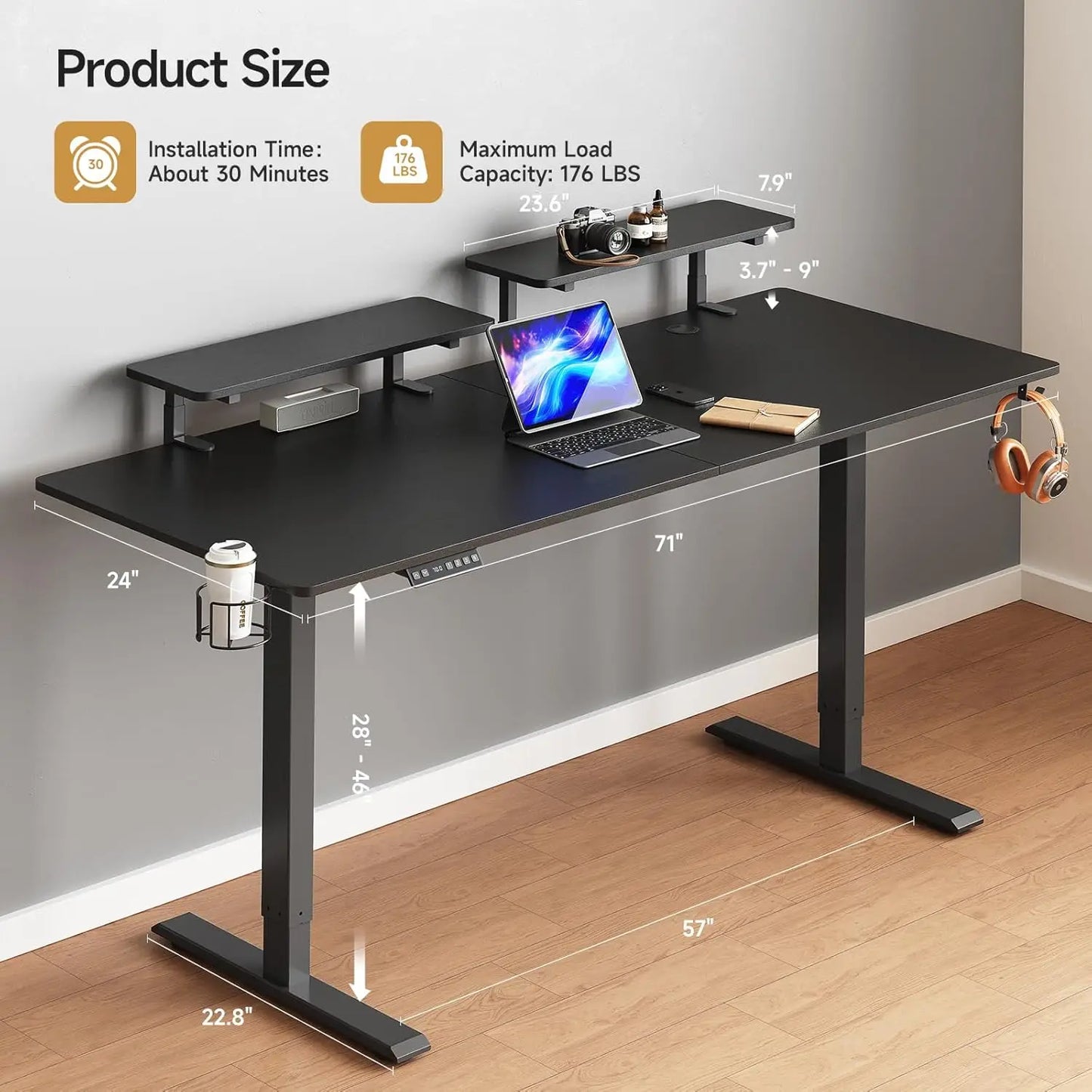 Standing Desk w/ 2 Adjustable Monitor Shelves, Electric Stand Up Desk with Memory Controller & Adjustable Height
