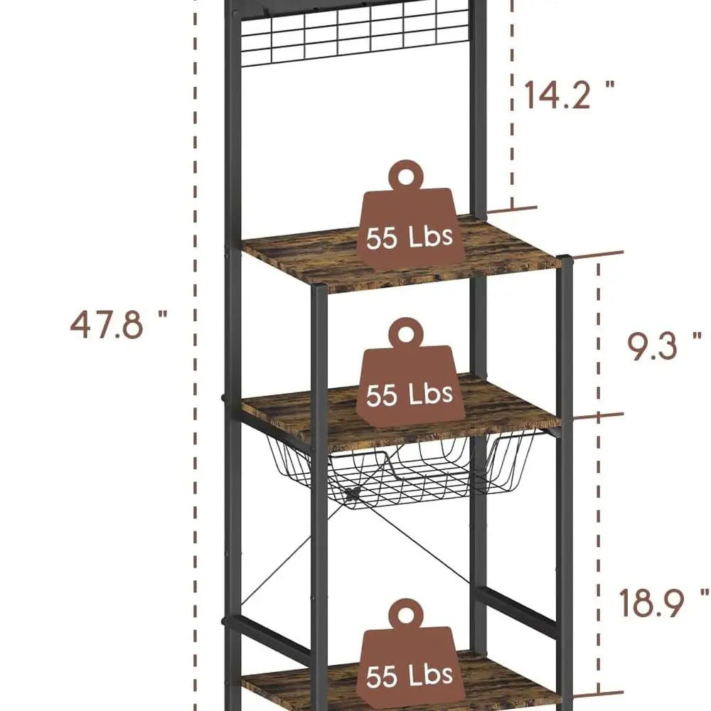 Compact 4-Tier Coffee Bar with Hooks and Basket, Space-Saving Stand, Kitchen Storage Rack for Entryway, Living Room, Café, Black