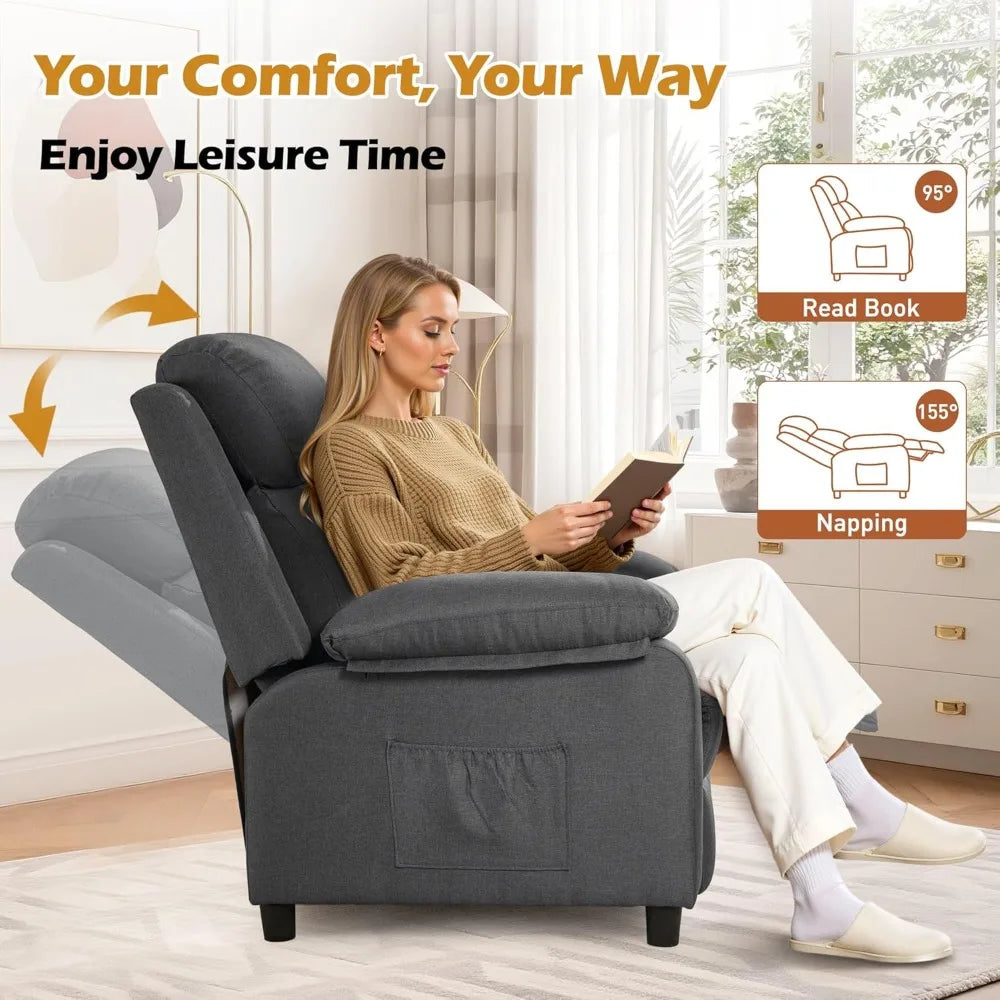 Recliner Chair, Padded Deep Seat Reading Chair with Side Pockets, Small Recliners, Customized