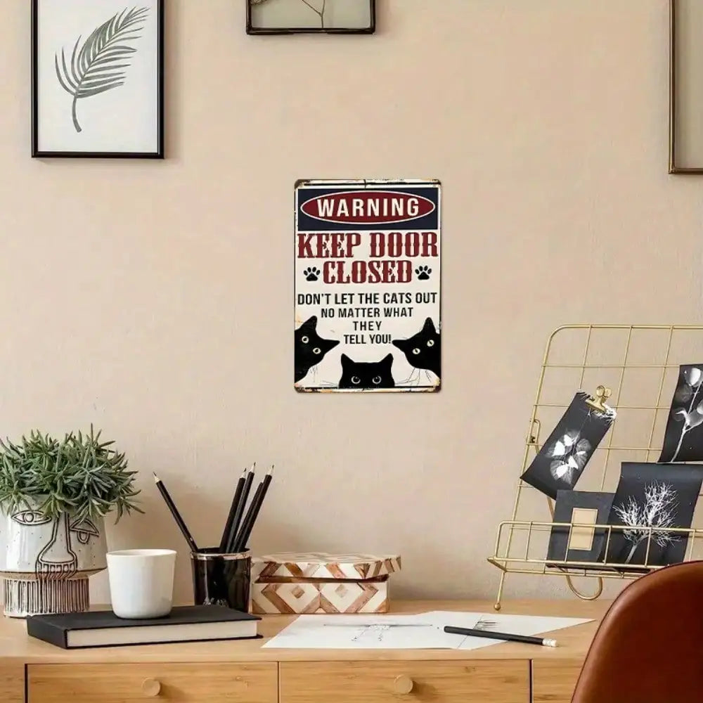 Tin Sign Funny Warning Keep Door Closed - Cats Inside Humorous Pet Sign, Perfect For Pet Owners, 8x12 Inches