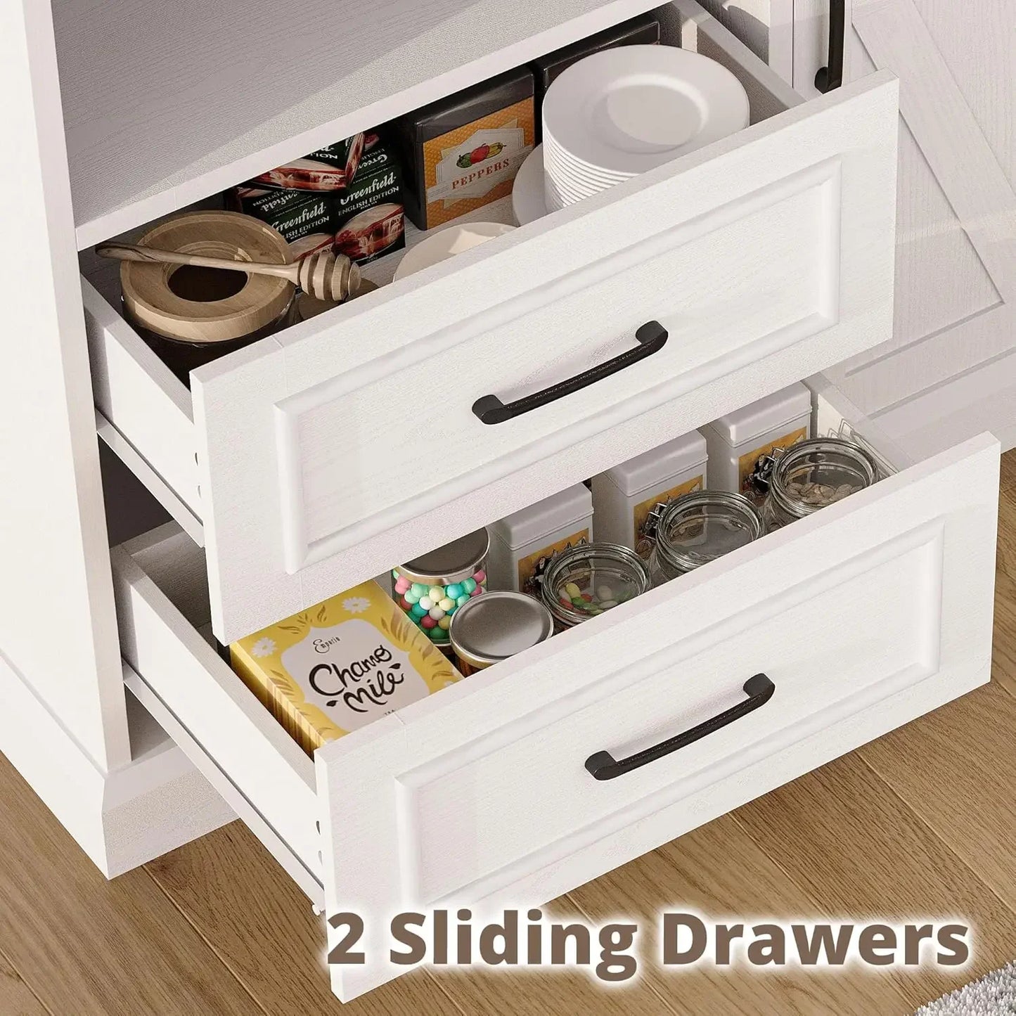 Bestseller Farmhouse Kitchen Pantry Cabinet, Kitchen Hutch with Microwave Stand, Tall Food Pantry Cabinet with Storage Drawers