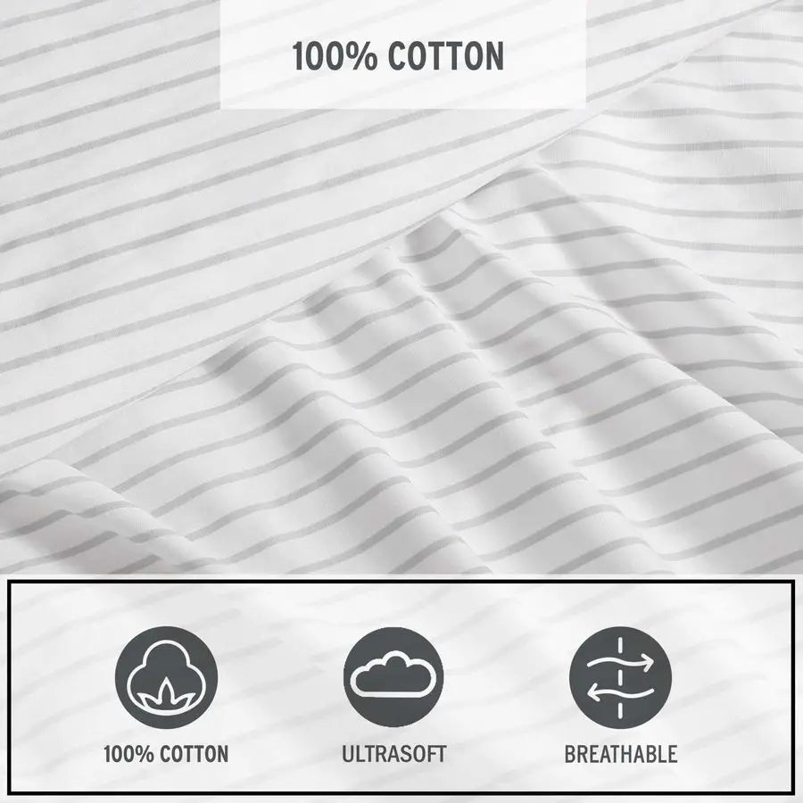 Sheet Set, Luxurious Cotton Percale Bedding with Matching Pillowcases, Crisp amp Cool, Fully Elasticized Arden Stripe Grey, Full