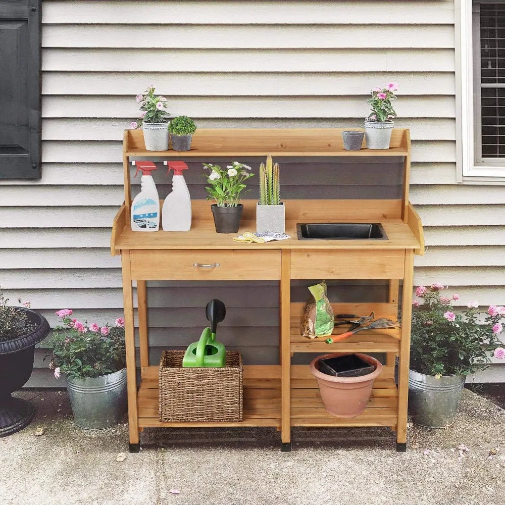 45.2 x 17.7 x 47.6'' Potting Benches Outdoor Garden Potting Table Work Bench with Removable Sink Drawer Rack Shelf