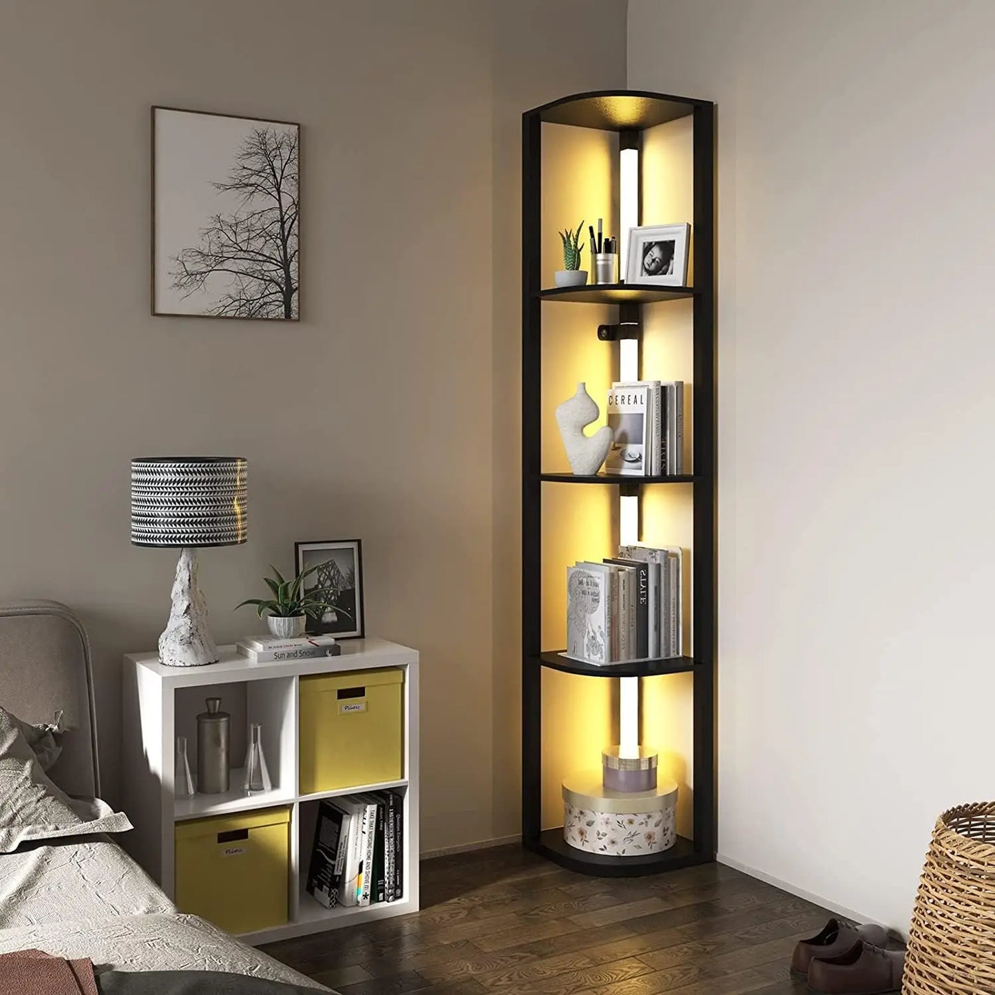 Modern Corner Shelf with LED Lights, 5-Tier Storage Display for Living Room Bedroom Small Spaces