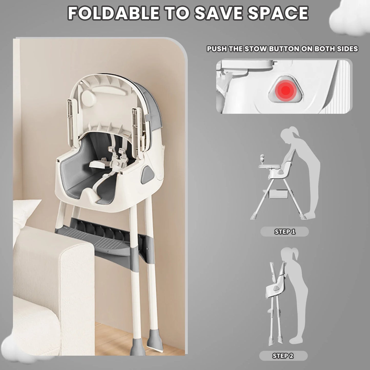 Foldable Baby High Chair 6 Months Plus, with Large Anti-slip Pad & Toy Rack, Easy to Clean