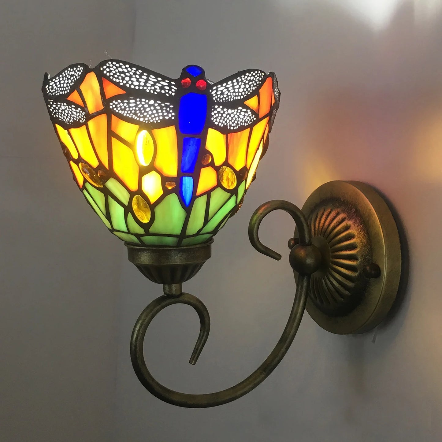 Stained Glass Wall Light, Retro Dragonfly Design With E27 Bulb Holder, Iron & Multicolor Glass Sconce For Bedroom