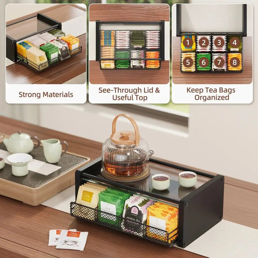 Tea Organizer and Storage with Drawers, Divided Compartments Storage, Kitchen Organizers