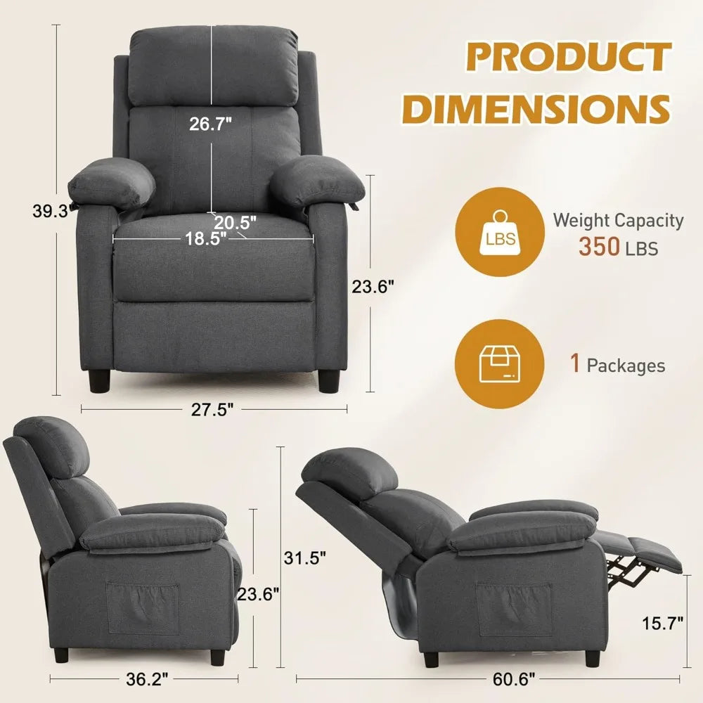 Recliner Chair, Padded Deep Seat Reading Chair with Side Pockets, Small Recliners, Customized