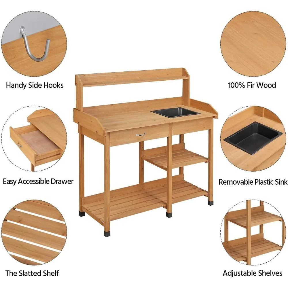 45.2 x 17.7 x 47.6'' Potting Benches Outdoor Garden Potting Table Work Bench with Removable Sink Drawer Rack Shelf