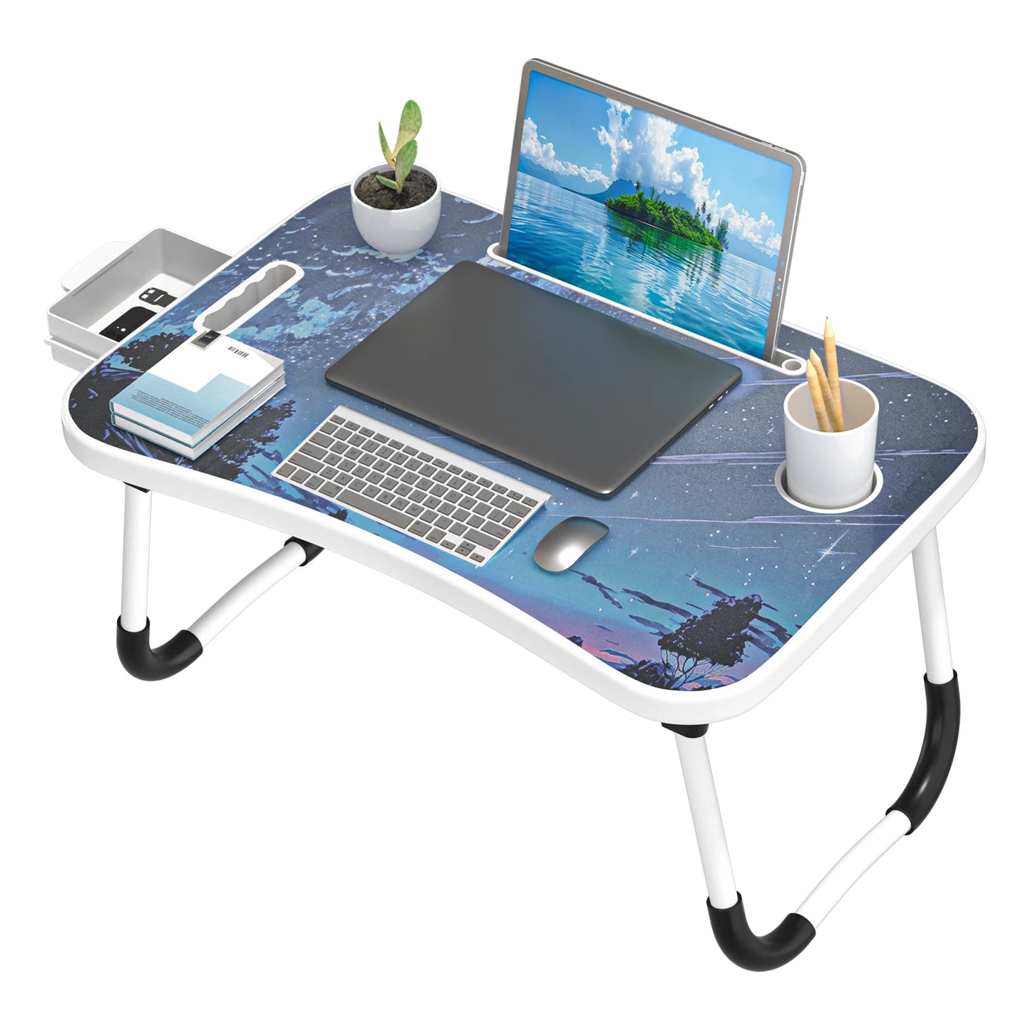 Extra-large multifunctional folding desk, portable multi-color wooden laptop bed desk with cup holder, suitable for work, reading