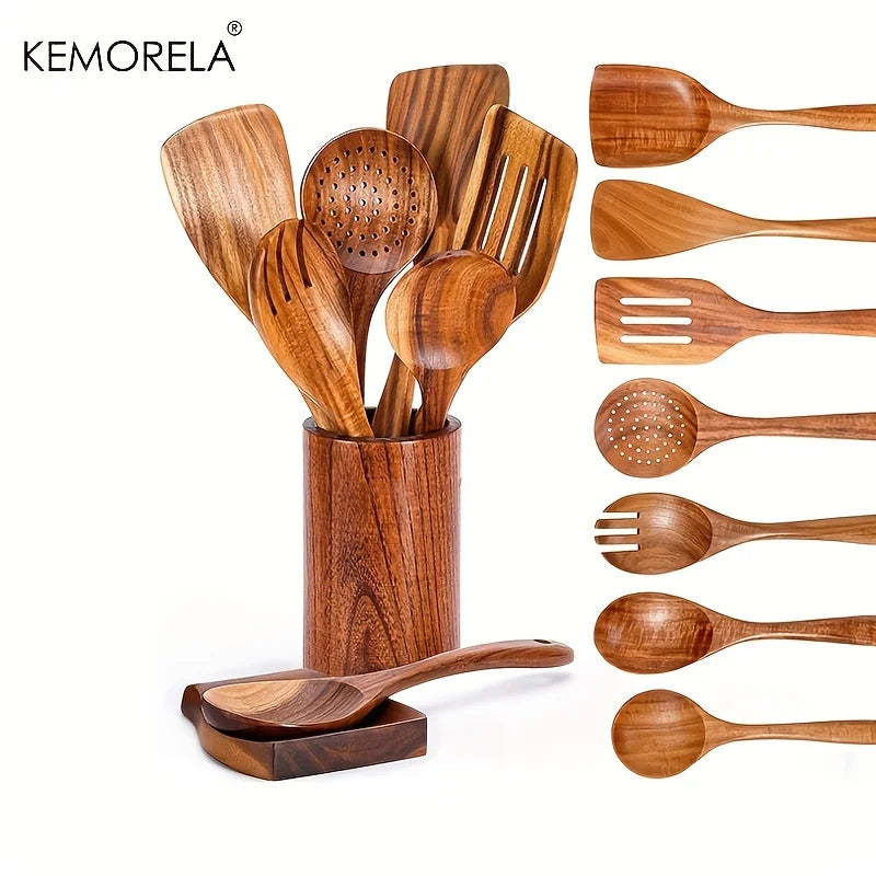 9 PCS Wooden Spoons For Cooking, Wooden Utensils For Cooking With Utensils Holder, Teak Wooden Kitchen Utensils Set
