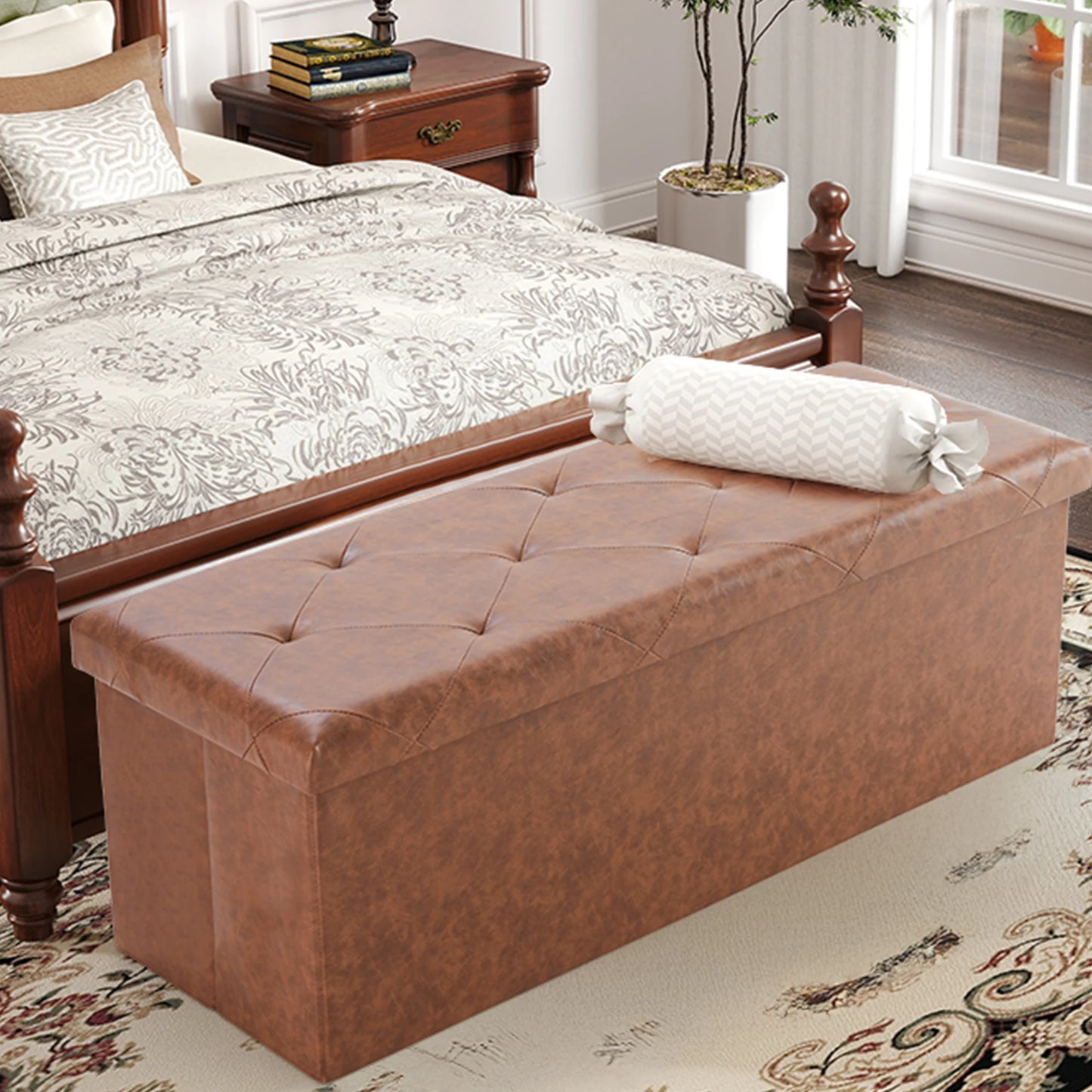 JHK 43 Inches Leather Folding Ottoman Storage, Footstool, Toy Box, Bedroom Bench, Load 660 lbs, Foot Rest Stool For Living Room