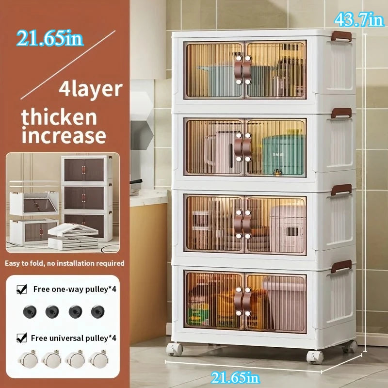 Foldable Storage Cabinet with 2/4 Layers, Large Double-Opening Multi-Functional Storage Box with Lid and Wheels, Suitable for Clothes, Toys, Books, Suitable for Kitchen, Bedroom, Playroom, Closet Organization and Storage