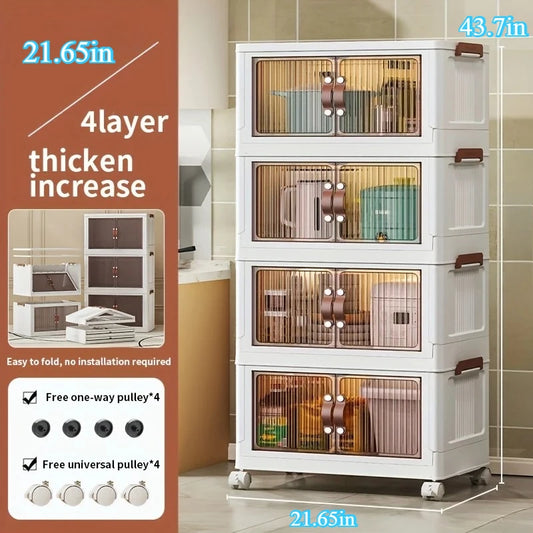 Foldable Storage Cabinet with 2/4 Layers, Large Double-Opening Multi-Functional Storage Box with Lid and Wheels, Suitable for Clothes, Toys, Books, Suitable for Kitchen, Bedroom, Playroom, Closet Organization and Storage
