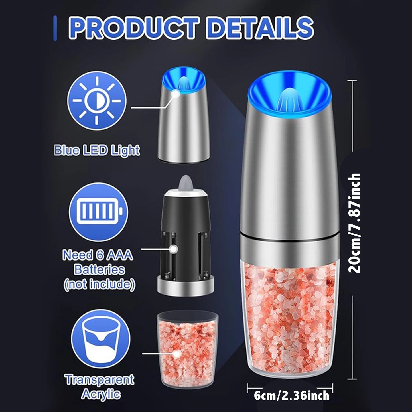 1pc or 2pcs, Gravity Electric Salt And Pepper Grinder - Salt & Pepper Mill Sets With LED Light, One Hand Automatic Operation, Adjustable coarseness