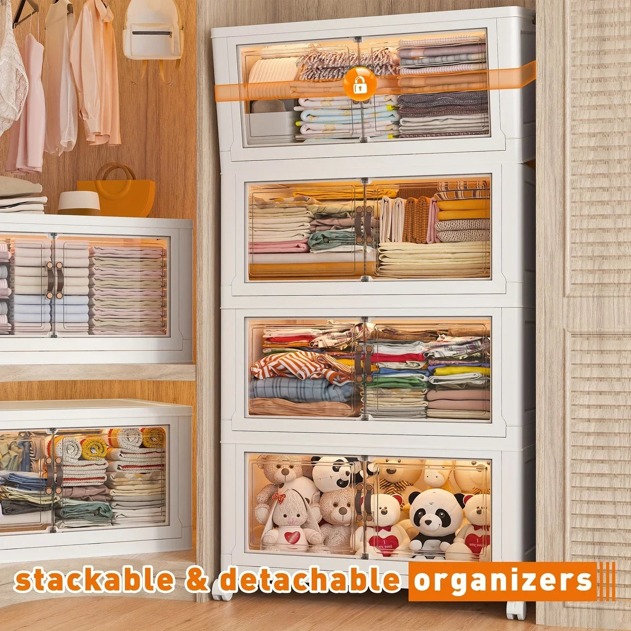 Foldable Storage Cabinet with 2/4 Layers, Large Double-Opening Multi-Functional Storage Box with Lid and Wheels, Suitable for Clothes, Toys, Books, Suitable for Kitchen, Bedroom, Playroom, Closet Organization and Storage