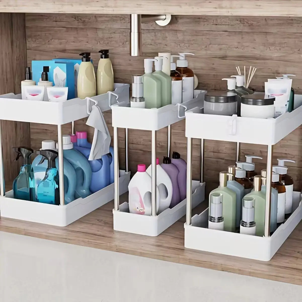 Under Bathroom Sink Organizers – Countertop Storage Racks for Cosmetics, Kitchen & Bathroom Use, Large, Medium, Small Sizes