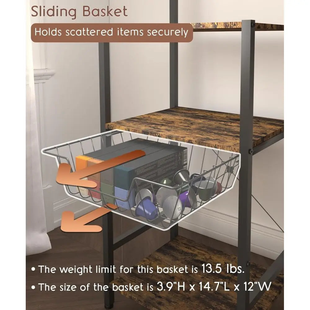 Compact 4-Tier Coffee Bar with Hooks and Basket, Space-Saving Stand, Kitchen Storage Rack for Entryway, Living Room, Café, Black