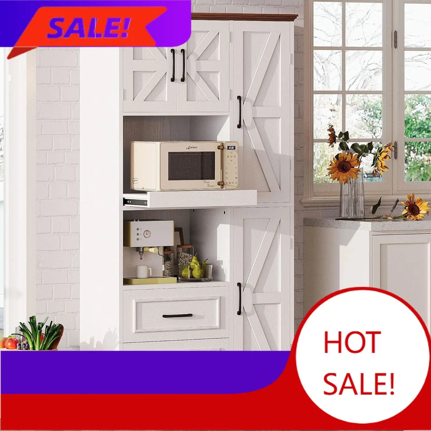 Bestseller Farmhouse Kitchen Pantry Cabinet, Kitchen Hutch with Microwave Stand, Tall Food Pantry Cabinet with Storage Drawers
