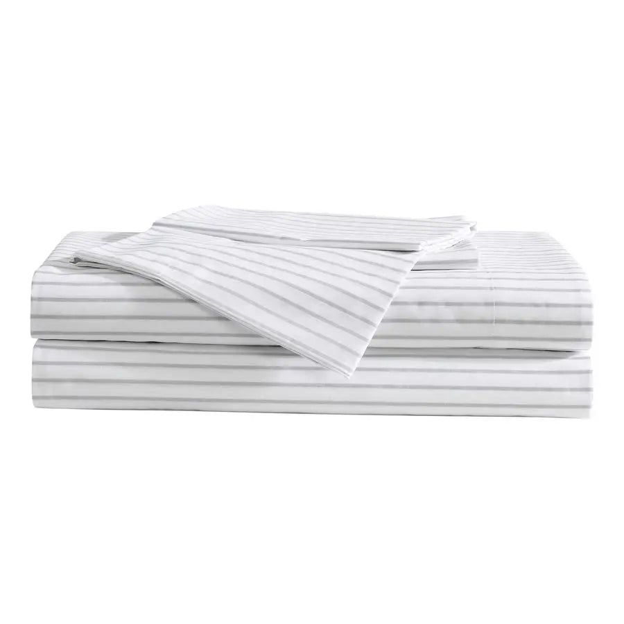 Sheet Set, Luxurious Cotton Percale Bedding with Matching Pillowcases, Crisp amp Cool, Fully Elasticized Arden Stripe Grey, Full