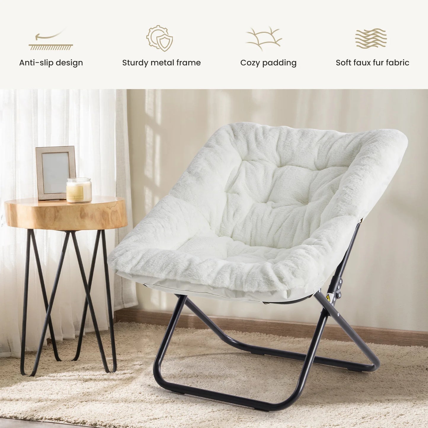 JHK 28IN Cozy Saucer Chairs, Soft Faux Fur, Large Size Folding Lounge, Living Room Padded Seat Metal Frame, Reading Chair