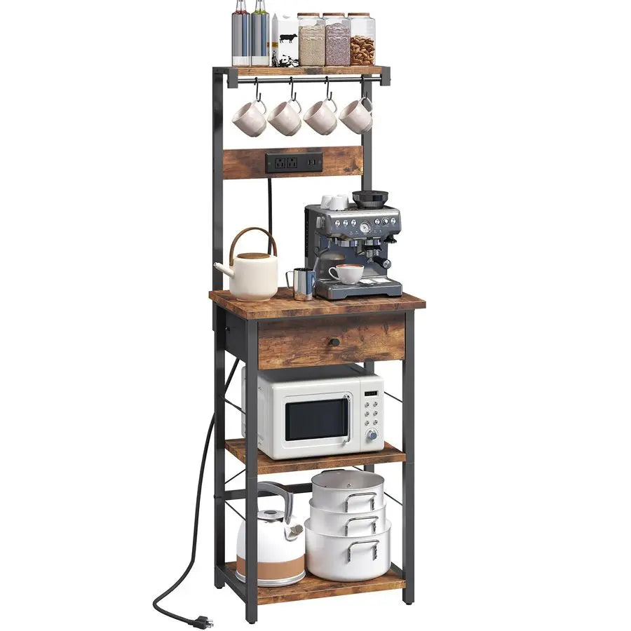 Rack with Drawer, Microwave Stand with Power Outlet, Coffee Bar Station with 4 Hooks, Kitchen Storage Shelf Rack 4 Tiers, for Kitchen