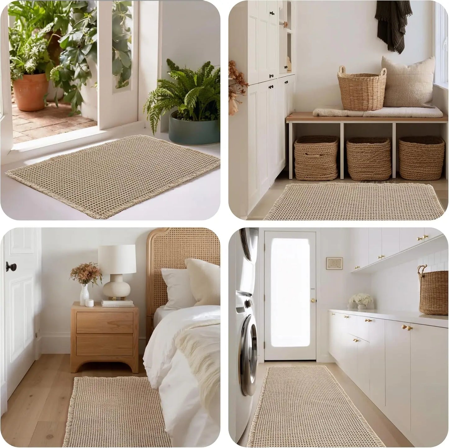 Non Slip Waffle Brown Bathroom Rugs, Super Absorbent Quick Dry Soft Washable Small Bath Mat with Tassels for Bathroom